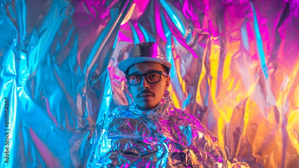 Mann im Ganzkörper Anzug aus aluminium Folie zum Schutz vor Bestrahlungen in leuchtenden bunten Farben