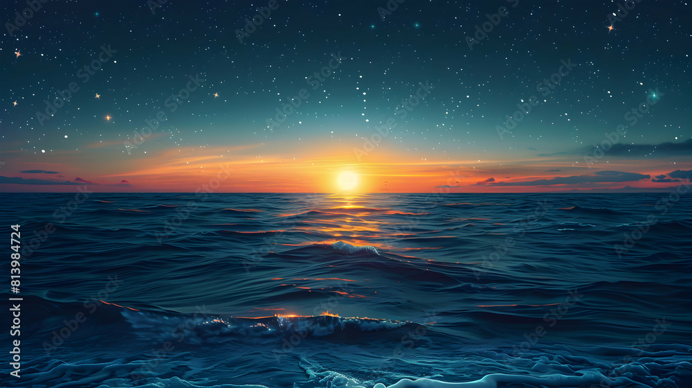 Starlit Ocean Horizon: Stars Glittering Along the Horizon, Merging Sea and Sky in a Seamless Tapestry of Natural Splendor Flat Design Icon Concept Starlit Ocean Horizon: Stars Glittering Along the Horizon, Merging Sea and Sky in a Seamless Tapestry of Natural Splendor Flat Design Icon Concept