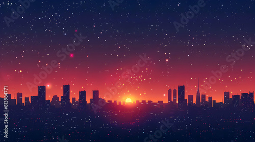 Urban Sparkle: Starry Night Over Cityscape   A flat design icon capturing the juxtaposition of urban lights and celestial stars in a sparkling cityscape. Vector illustration. photo