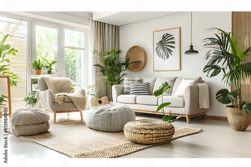Fototapeta premium Scandinavian Minimal : This style emphasizes simplicity, functionality, and light. It often features a neutral color palette, clean lines, natural materials like wood and leather, and plenty of natur