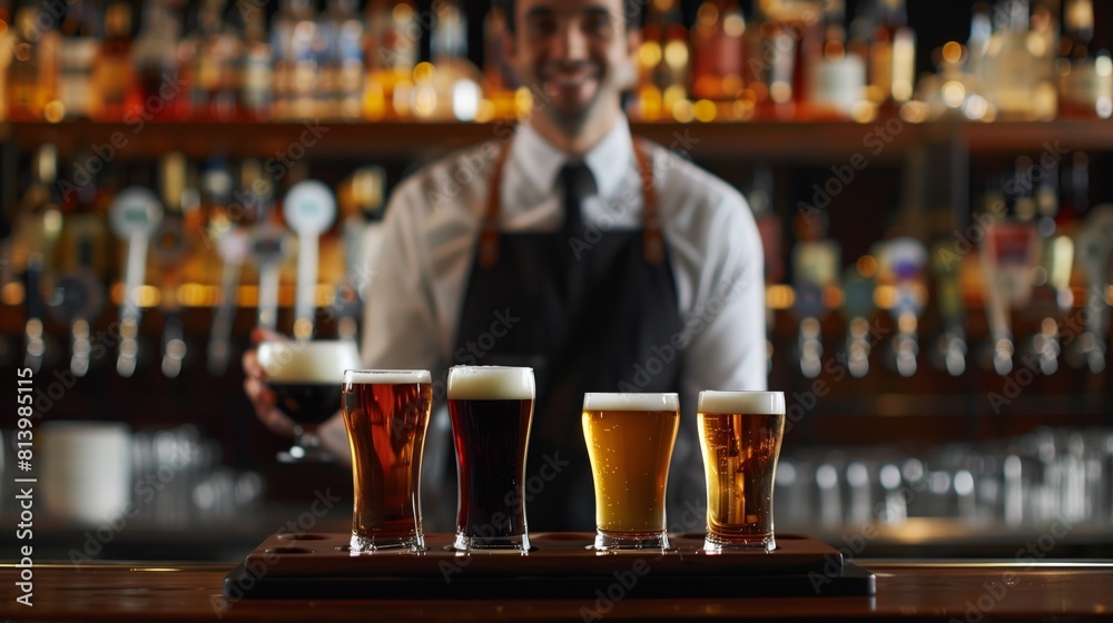 Smiling bartender presenting a variety of beers at a bar, with a selection of draft beers in the background.