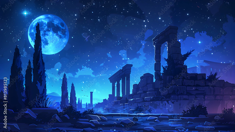 Enchanting Flat Design: Stars Over Historical Ruins Ancient Ruins Illuminated by Starry Sky Merge Past Grandeur with Timeless Universe Flat Illustration Enchanting Flat Design: Stars Over Historical Ruins Ancient Ruins Illuminated by Starry Sky Merge Past Grandeur with Timeless Universe Flat Illustration