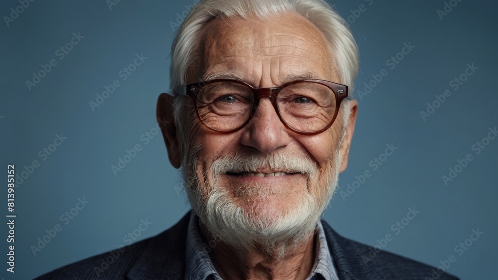 The gray-haired elderly man smiles happily. Indigo background. The gray-haired elderly man smiles happily. Indigo background.
