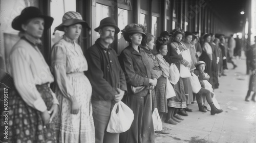 Historical black and white photo of a group of men, women, and children with bags, waiting along a platform.