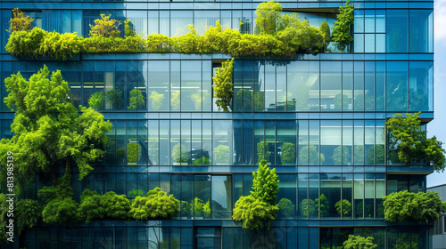 A modern building facade with greenery on the balconies, an ecofriendly architecture concept. photo