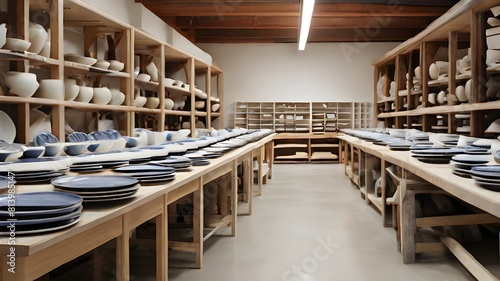  A ceramic artist's workshop, with rows of freshly painted plates drying on racks  photo