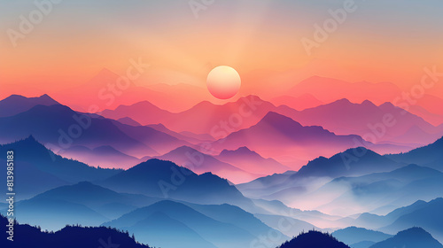 Sunrise Over Misty Mountains: Early rays of sun piercing mist over mountains for breathtaking natural wallpapers   flat design icon illustration © Gohgah