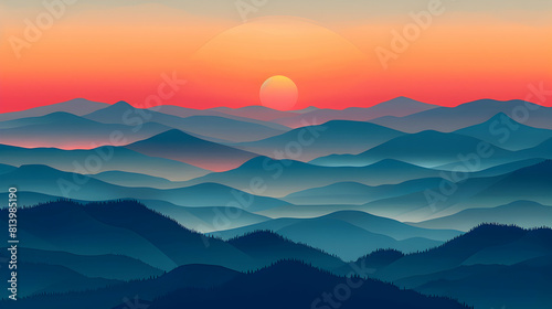 Sunrise Over Misty Mountains: Early Rays Piercing Mist for Breathtaking Natural Wallpaper Flat Design Icon Illustration