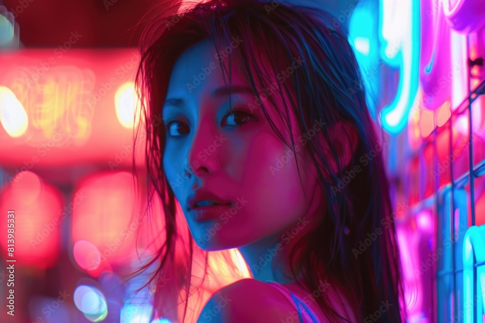 A woman standing in front of a neon lit building. Perfect for urban lifestyle concepts A woman standing in front of a neon lit building. Perfect for urban lifestyle concepts