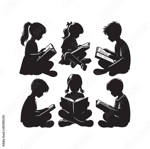 boy and girl reading book silhouette  illustration collection