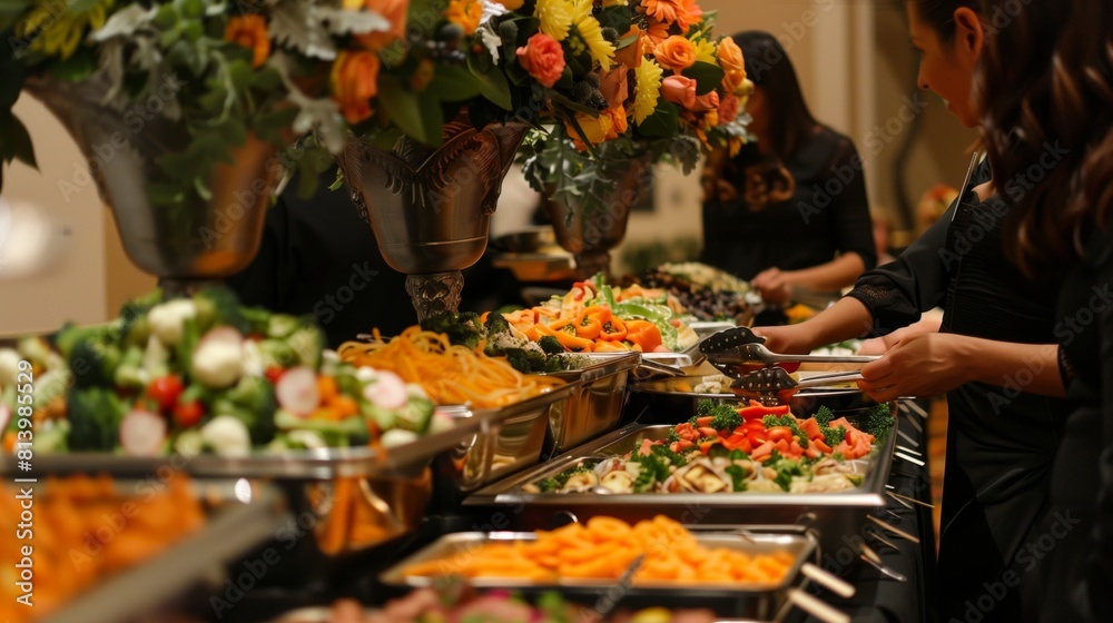 Elegant buffet setting with women serving themselves various fresh salads and vegetables.