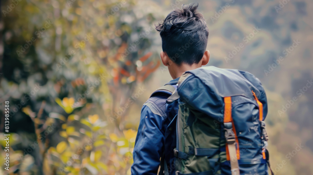 Boy with backpack in forested area