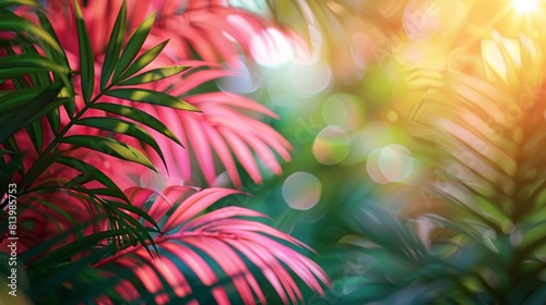 a unfocused realistic photo tropical summer seaside background with a bright and gold leafy background with shadows of pink, green, YELLOW style photo
