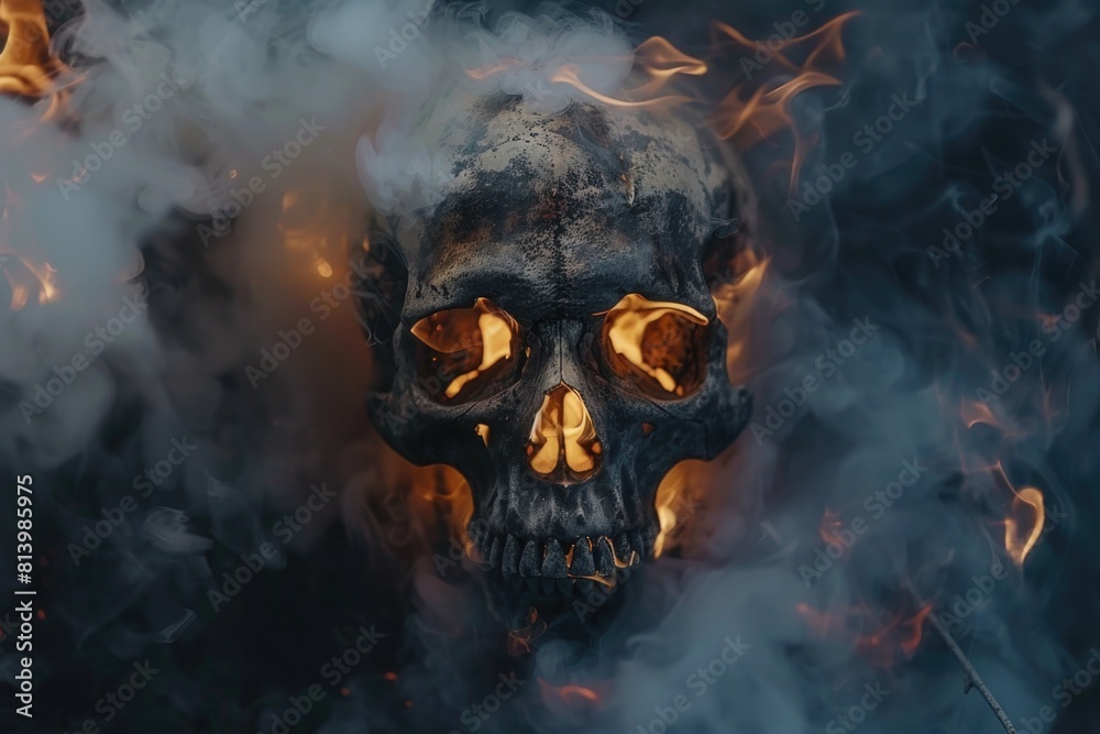 A burning skull surrounded by a cloud of smoke. Ideal for spooky or Halloween themed designs A burning skull surrounded by a cloud of smoke. Ideal for spooky or Halloween themed designs