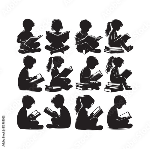 boy and girl reading book silhouette  illustration collection