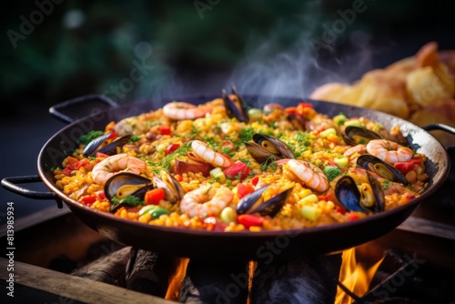 Paella in a frying pan on a wooden board