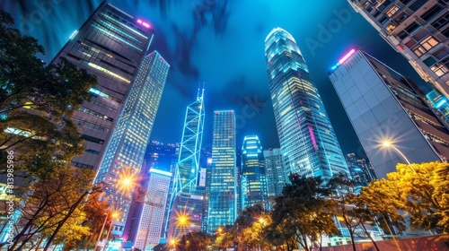 Modern office buildings in Hong Kong at night time photo