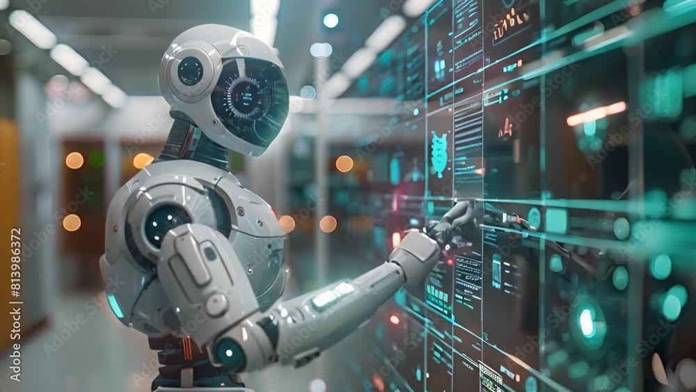 A robot touches a massive wall of data in a bustling data center, symbolizing digital information processing and connectivity. A robot touches a massive wall of data in a bustling data center, symbolizing digital information processing and connectivity.