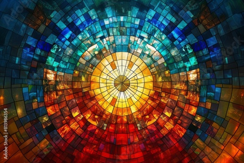 An exquisite digital representation of a stained glass spiral mosaic  brilliantly illustrating a spectrum of vivid colors from center to edge. 