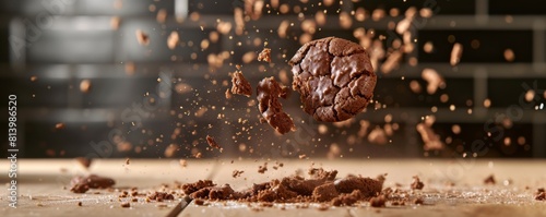 Chocolate cookie with crumbs and pieces flying in mid-air photo