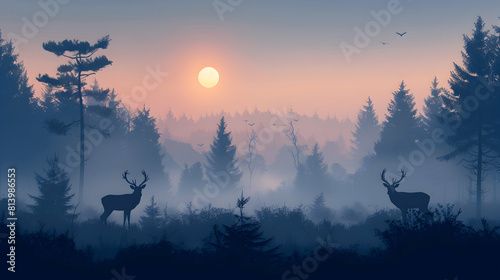 Simple flat design icon: Wildlife in Morning Mist concept with animals as shadows, offering a glimpse into their elusive lives. Flat illustration photo