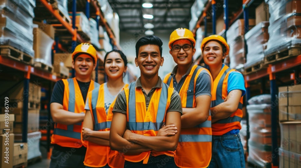 Obraz premium Group of five young Asian warehouse workers in safety vests and helmets smiling confidently in a storage aisle.