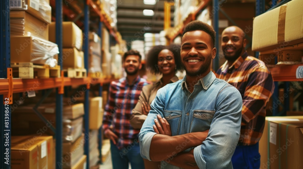 Diverse group of warehouse workers smiling confidently in a storage area, filled with shelves of boxes. Diverse group of warehouse workers smiling confidently in a storage area, filled with shelves of boxes.