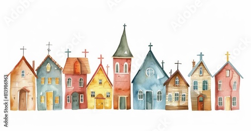 Colorful Watercolor Church Row Illustration