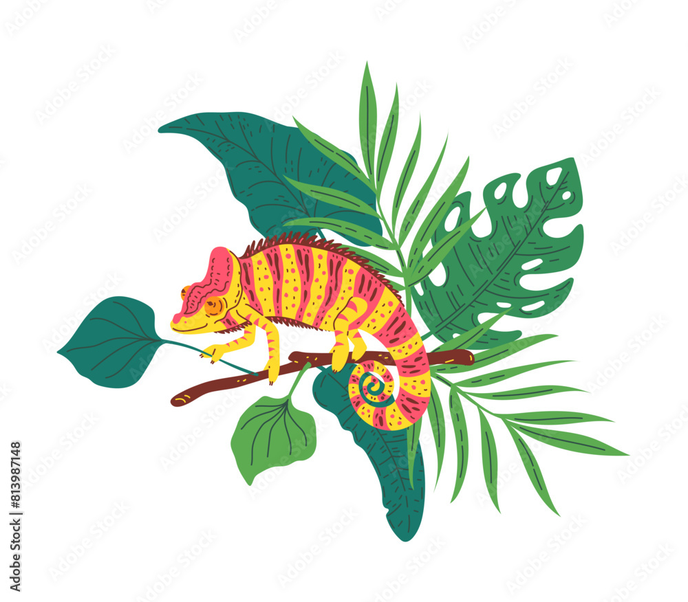 Fototapeta premium Cute small striped colorful chameleon on branch with tropical leaves, vector cartoon predator lizard animal, exotic pet