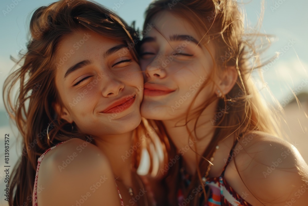 Fototapeta premium Two young women embracing on sandy beach. Suitable for friendship or travel concepts