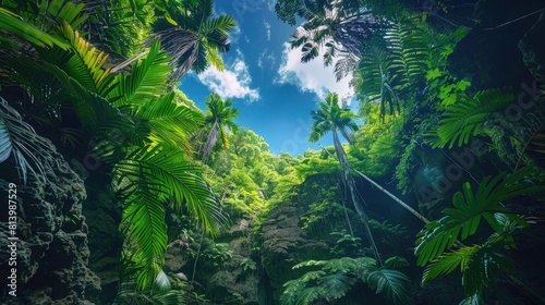 A breathtaking sight awaits as you gaze up at the vibrant lush tropical greenery found deep within the heart of Iriomote Island s dense forest photo