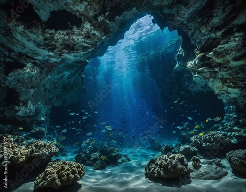 Explore the mysteries of the ocean depths with our image of underwater caves and rock formations teeming with life