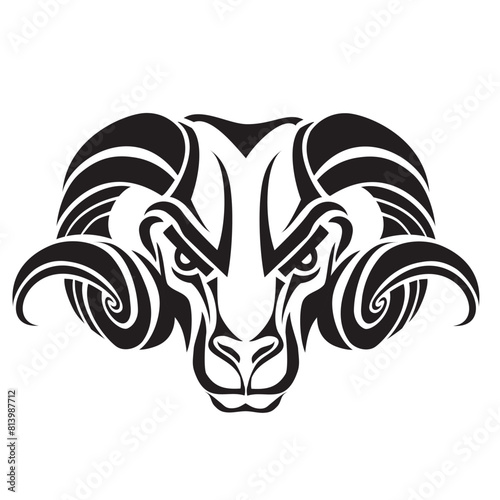 The image shows a stylized graphic drawing of a ram's head in black