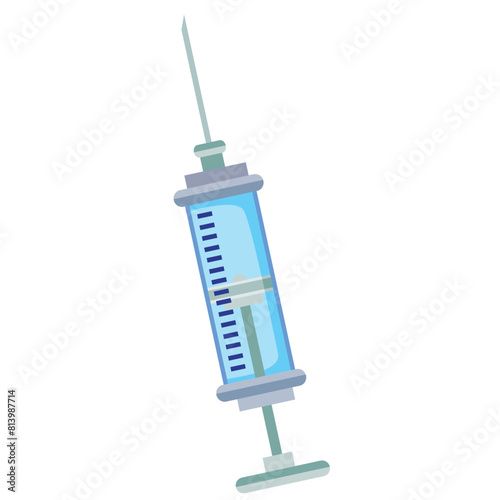 The image shows a medical syringe. The syringe has a needle on top, a cylindrical balloon partially filled with a blue substance, and a plunger at the bottom.