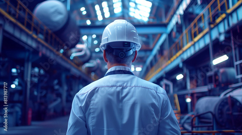 Rear view of a male engineer with a safety helmet inside an industrial plant with complex machinery.