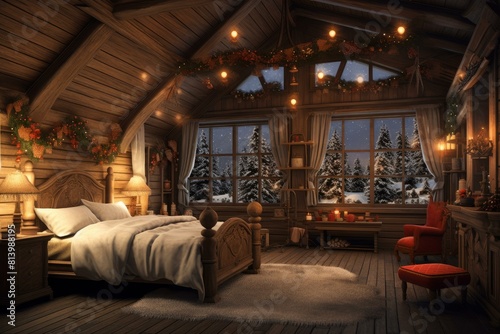 Warm and inviting cabin bedroom decked with holiday decor, overlooking a snowy landscape through windows
