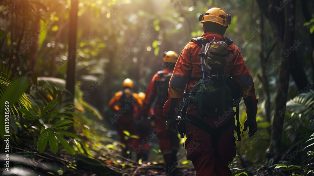 A group of three hikers in protective gear trekking through a dense tropical forest.