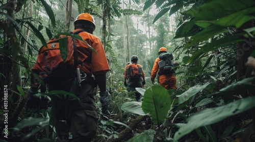 A group of forest rangers in orange safety gear navigating through a dense jungle.