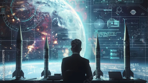 Quantum Tech Theme Business engineer contemplating a holographic galaxy overlaid on military missiles, emphasizing quantum tech through intricate code patterns and sleek missile de