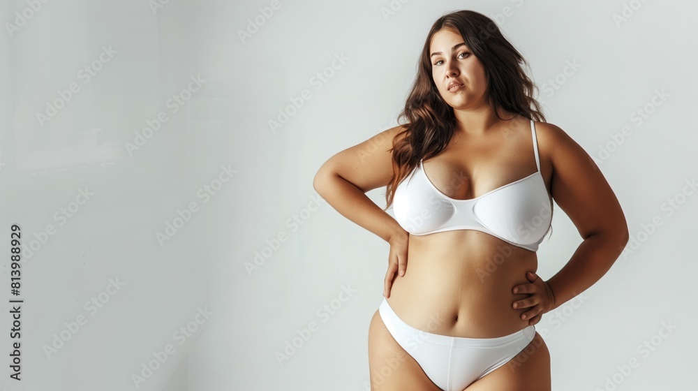 Confident plus-size woman in white lingerie posing against a light background, looking at camera. Confident plus-size woman in white lingerie posing against a light background, looking at camera.