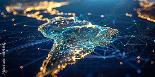 Digital map of South America with global network connections and glowing lights, representing the interconnectivity of AI in national trade and marketing strategies