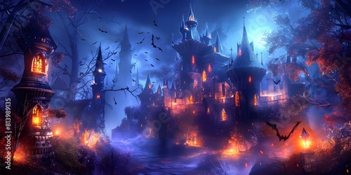 Gothic Castle at Night: Bats, Pointed Towers, and Glowing Windows. Concept Gothic Architecture, Night Photography, Spooky Scenes, Halloween Vibe, Mysterious Atmosphere photo