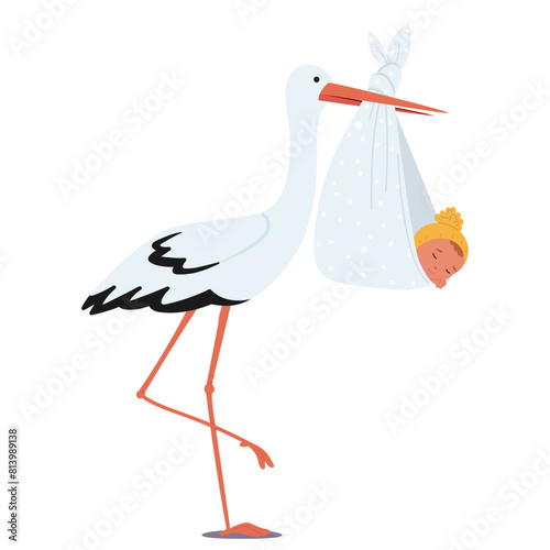 Stork Carrying A Newborn Baby In A Bag, Symbolizing New Life, Delivery, And The Classic Tale Of A Stork Bringing A Child