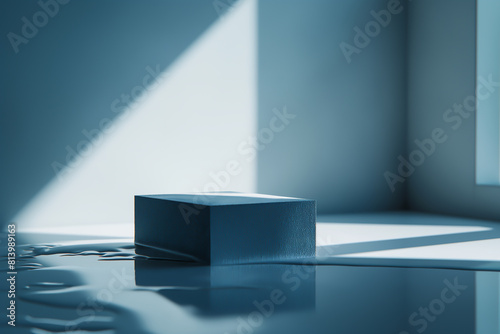 Blue platform on the reflective surface with soft lighting