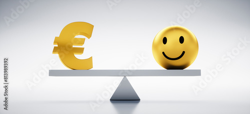 Balanced seesaw with golden Euro symbol and smiling face ball on white background, 3D illustration