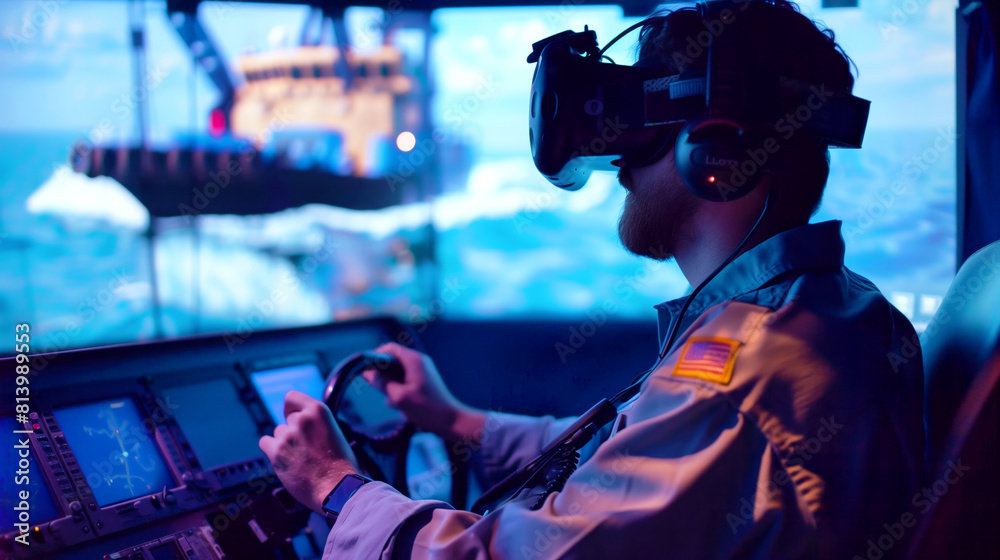 A man wearing a virtual reality headset operates a ship simulator, steering in a vividly realistic virtual seascape.