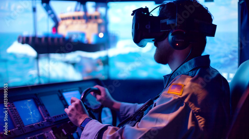 A man wearing a virtual reality headset operates a ship simulator, steering in a vividly realistic virtual seascape.