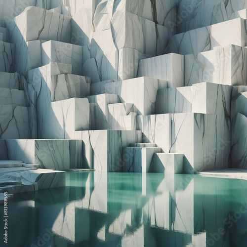 cava di marmo bianco sedimentato con venature grigio chiaro si riflette in pozza d'acqua verderame con luce pomeridiana naturale photo