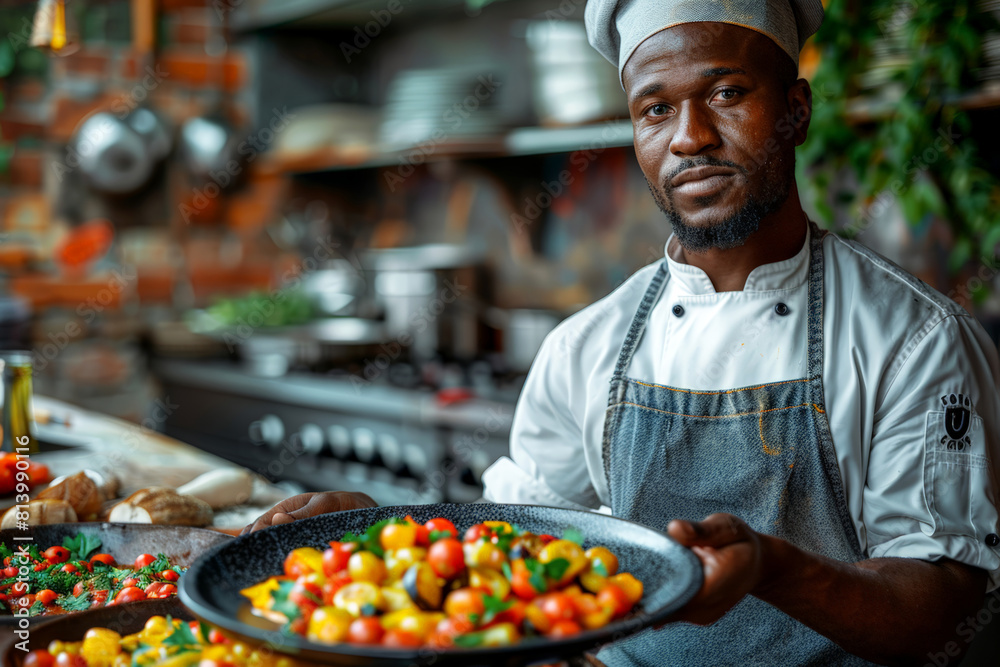 Chef presenting a colorful dish of cherry tomatoes, ideal for culinary arts and gourmet food presentations. Chef presenting a colorful dish of cherry tomatoes, ideal for culinary arts and gourmet food presentations.
