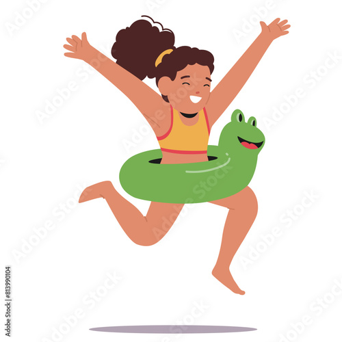 Young Girl Leaping Joyfully With Green Frog Inflatable Ring, Portraying A Scene Of Childhood Joy And Summer Fun